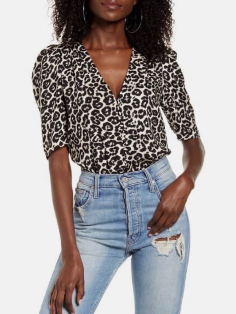 NWT - AFRM Leopard Print V-Neck Puff Sleeve Top in Black & Cream